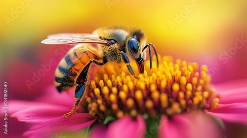 close up of bee on the flower, bee on flower in the nature