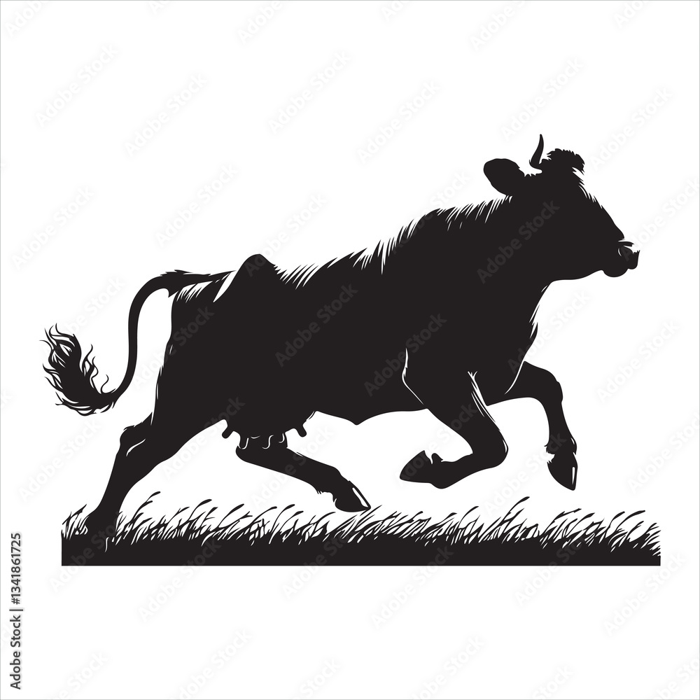 Obraz premium Black silhouette of a standing cow, on a clean white background