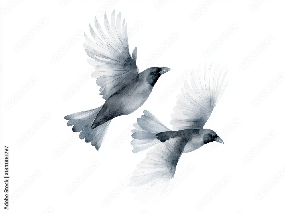 Obraz premium Flying birds in watercolor style, showcasing mysterious black raven with elegant wings. soft hues create serene atmosphere, perfect for nature lovers