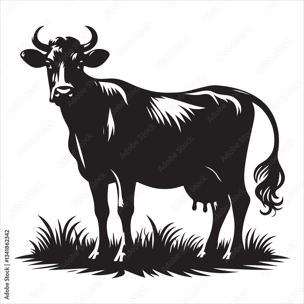 Fototapeta premium Black silhouette of a standing cow, on a clean white background
