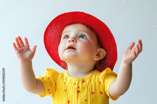 Adorable baby girl in a red sun hat, arms raised, looking up.
