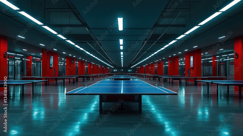Fototapeta premium Empty indoor ping pong hall lit by vibrant neon lights