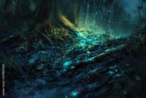 Enchanted forest floor glowing with ethereal, cyan light, tree roots and dark foliage.