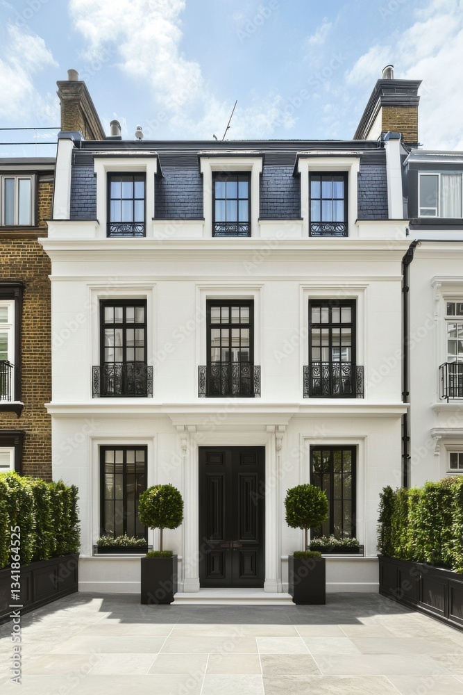 Fototapeta premium Elegant white residential building features classic architecture with symmetrical windows and manicured greenery in a refined neighborhood during a sunny day