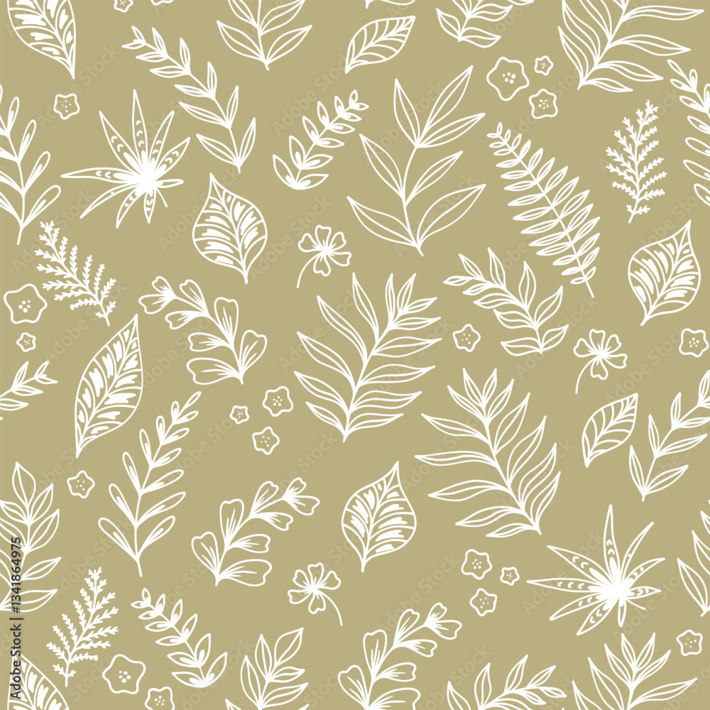 Fototapeta premium Monochrome seamless pattern with leaves. Hand drawn outline design for fabric , print, cover, banner and invitation.