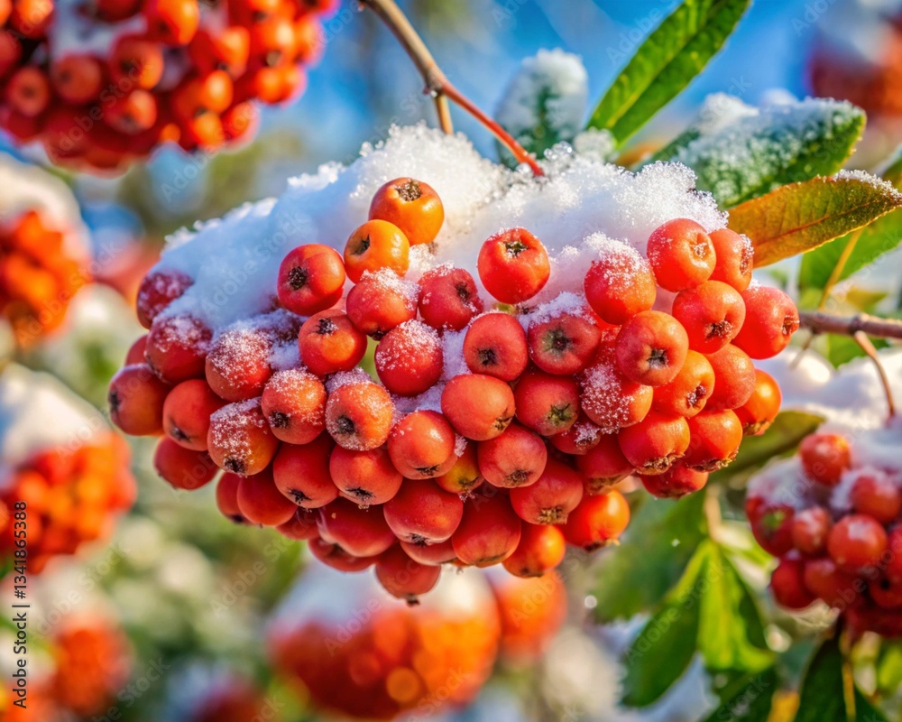 Fototapeta premium Rowan in the snow. Seasonal holiday natural background.