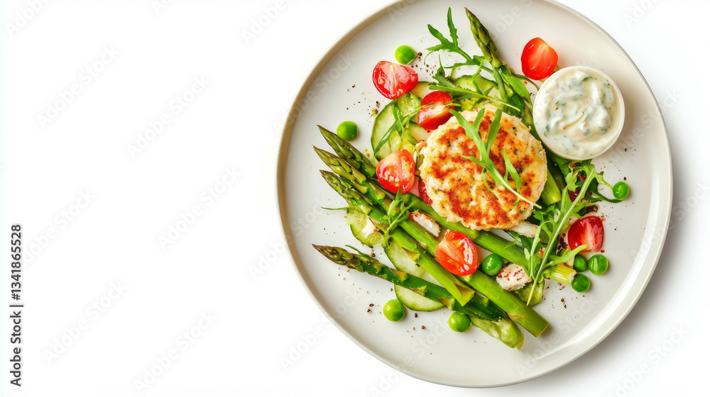 Gourmet presentation of asparagus and crab cakes with fresh vegetables and creamy dip Gourmet presentation of asparagus and crab cakes with fresh vegetables and creamy dip