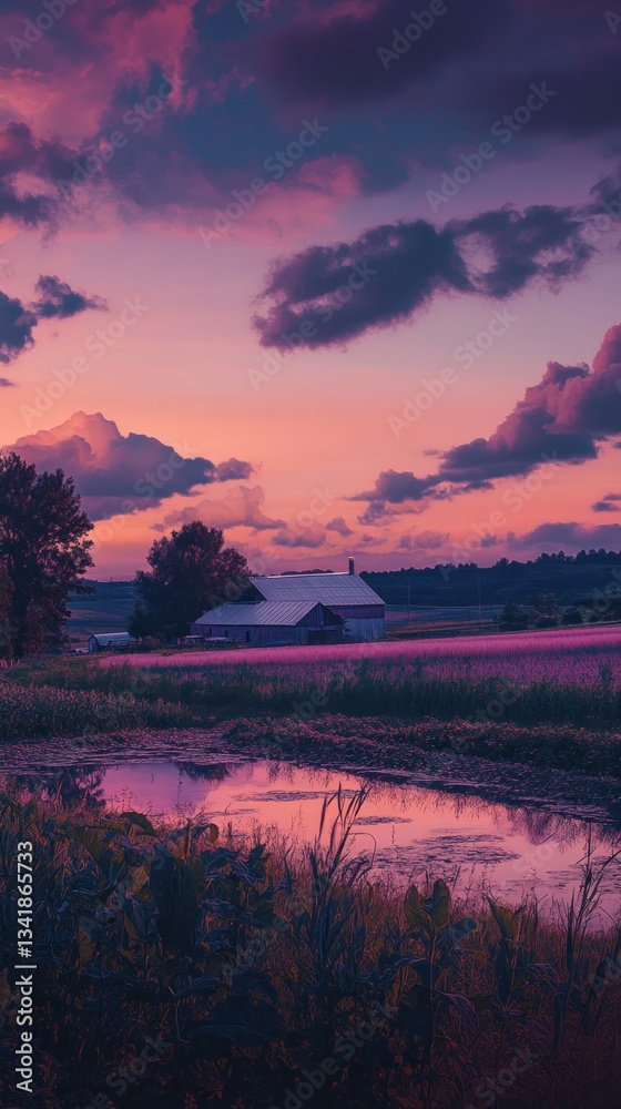 Obraz premium Tranquil countryside dusk with vibrant hues and a rustic farmhouse