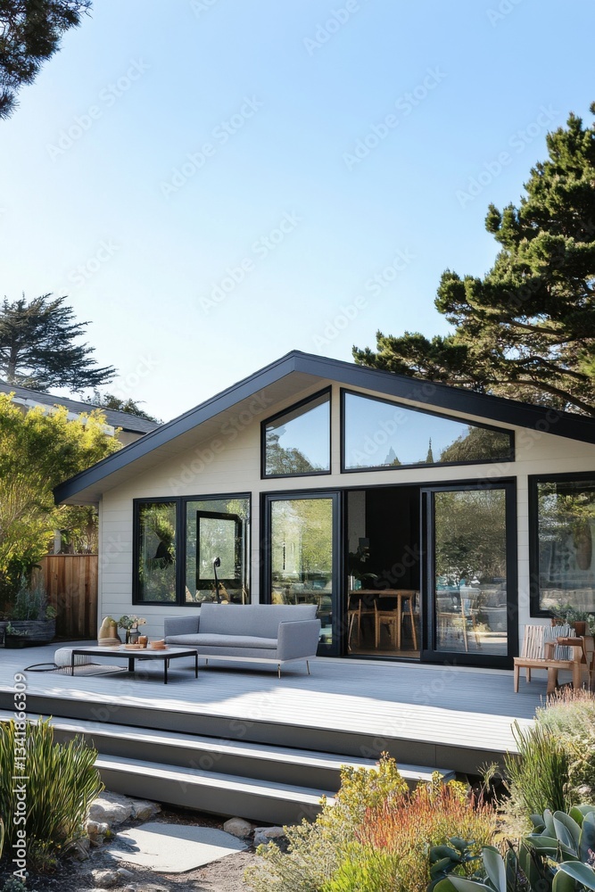 Fototapeta premium Modern coastal home with large windows surrounded by greenery in bright daylight, showcasing outdoor deck and inviting space for relaxation