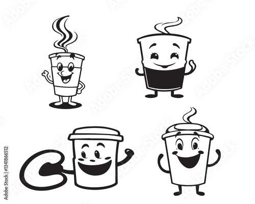 Advertising, branding, posters, banners, humorous cartoon graphics with a smiling character, coffee cup mascots, prints, stickers, and vector logo design templates