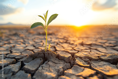 cracked desert floor with a single growing sapling, generative ai