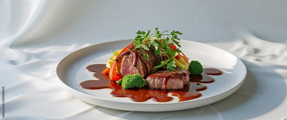 Delicious Plate of Savory Meat and Fresh Vegetables Drizzled with Sauce.