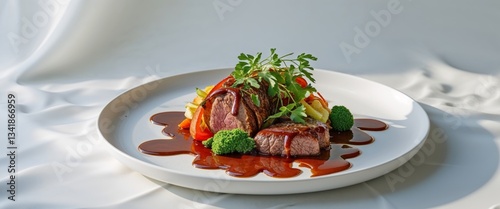 Obraz na płótnie Delicious Plate of Savory Meat and Fresh Vegetables Drizzled with Sauce. w salonie