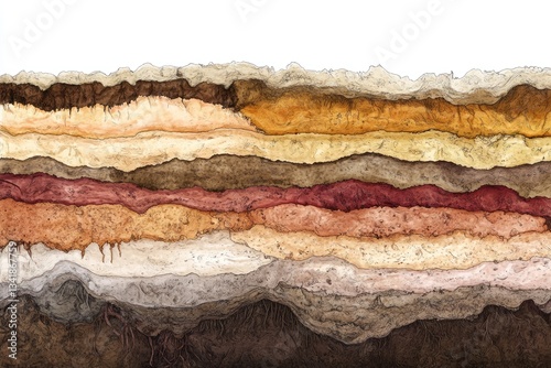 Layered earth cross-section showcasing diverse soil horizons, textures, and colors.