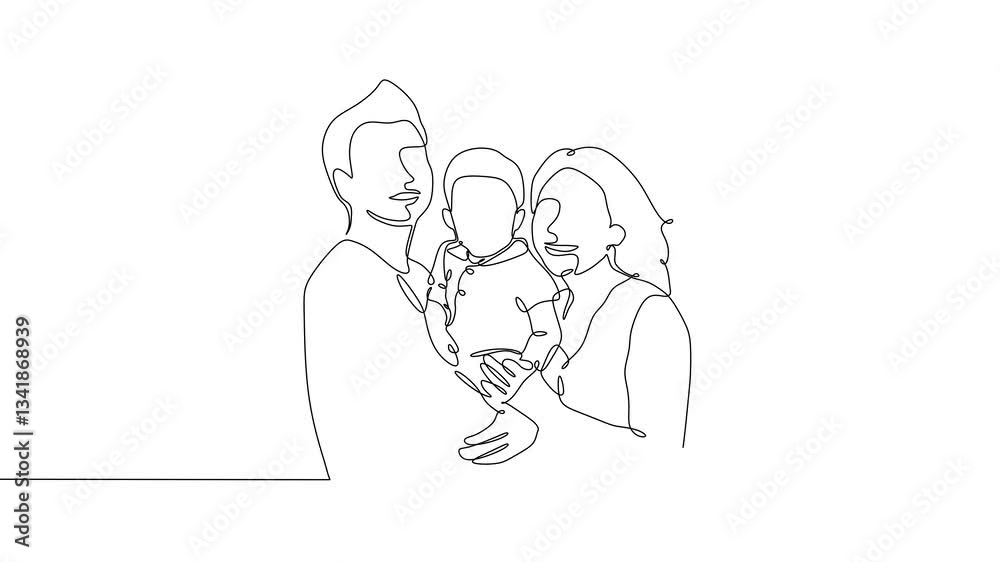 Happy family with parents and toddler. Symbol of love, togetherness, and care. Continuous line art drawing animation black and white. Happy family with parents and toddler. Symbol of love, togetherness, and care. Continuous line art drawing animation black and white.