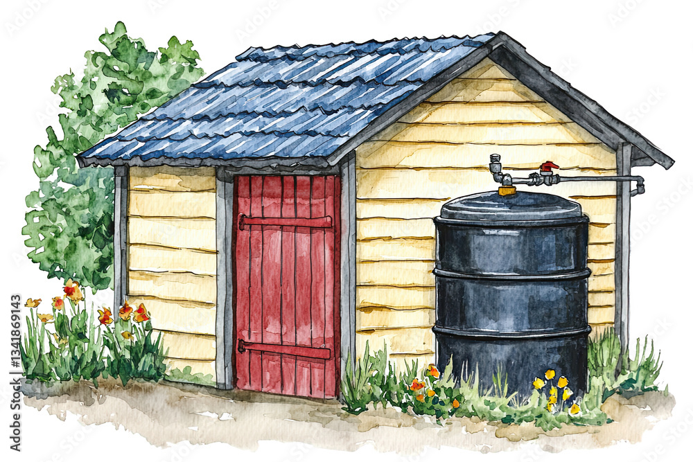 Obraz premium A small wooden shed with a red door and a black water tank beside it, surrounded by colorful flowers and greenery.