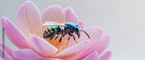 Macro Closeup of a Tiny Blue and Yellow Insect on Pink Flower. photo