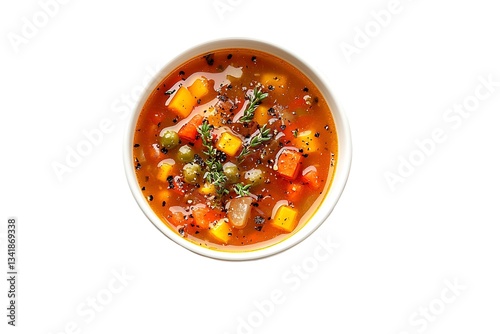 A cup homemade vegetable soup, isolated on white background