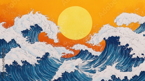 Powerful ocean waves crashing against a vibrant sunset.  A dynamic display of foamy, surging waves against a backdrop of a fiery orange and yellow sky, with a large, radiant sun positioned above