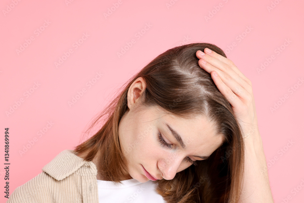 Fototapeta premium Girl with hair loss problem on pink background