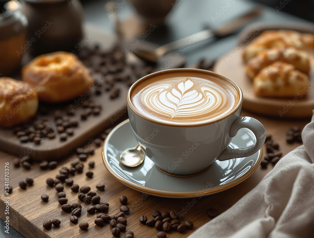 a cappuccino with a heart-shaped latte art in a ceramic cup placed on a wooden plate. Surrounding the cup are various pastries, coffee beans, a napkin, and a coffee press. a cappuccino with a heart-shaped latte art in a ceramic cup placed on a wooden plate. Surrounding the cup are various pastries, coffee beans, a napkin, and a coffee press.