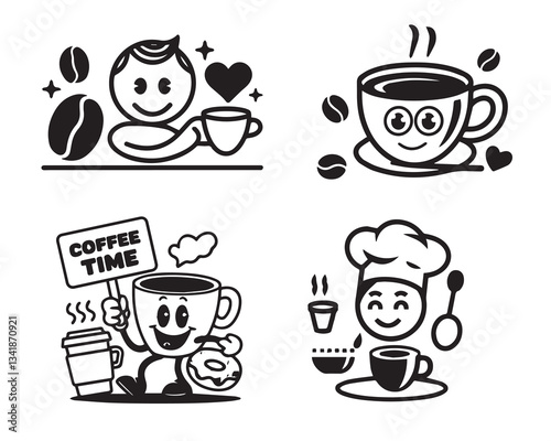Advertising, branding, posters, banners, humorous cartoon graphics with a smiling character, coffee cup mascots, prints, stickers, and vector logo design templates