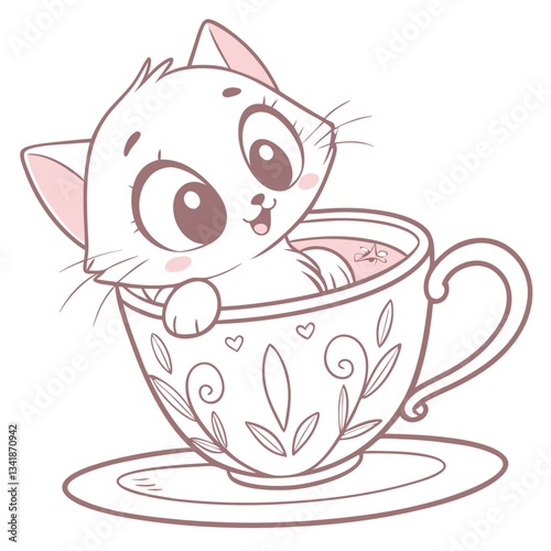 Kawaii Cat Inside a Teacup Illustration