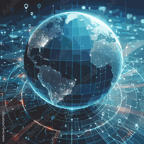 Digital globe with interconnected network lines and pins, futuristic mood, technological design, dark background