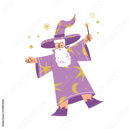 Wizard Man Character in Purple Gown and Hat with Magic Wand Vector Illustration