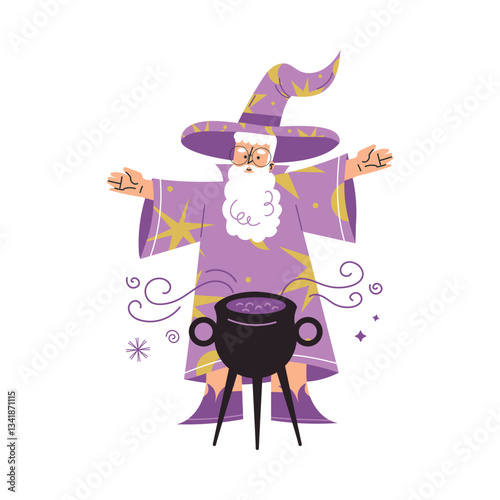 Wizard Man Character in Purple Gown and Hat Cook Potion in Cauldron Vector Illustration
