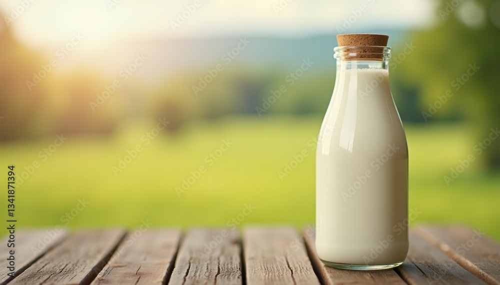 Photorealistic close-up of fresh natural milk in a clear glass bottle on a rustic wooden surface, with a soft rural landscape blurred in the background and warm natural daylight Photorealistic close-up of fresh natural milk in a clear glass bottle on a rustic wooden surface, with a soft rural landscape blurred in the background and warm natural daylight