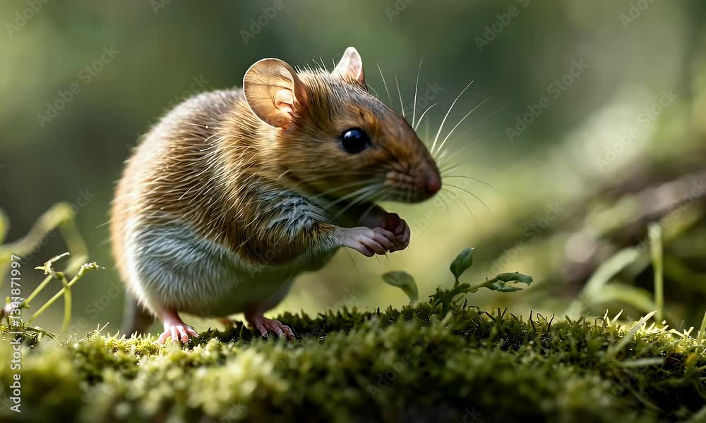 A close-up of a small brown mouse on moss, showcasing its delicate features in nature. A close-up of a small brown mouse on moss, showcasing its delicate features in nature.