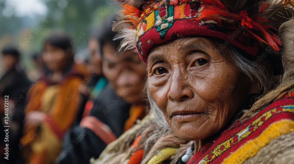 Fototapeta premium Elderly Woman in Traditional Clothing Portrait in Tribal Community with Vibrant Colors and Expressions