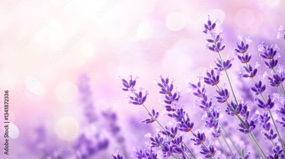 Obraz premium Lavender blooms at sunrise with soft pink and purple bokeh background