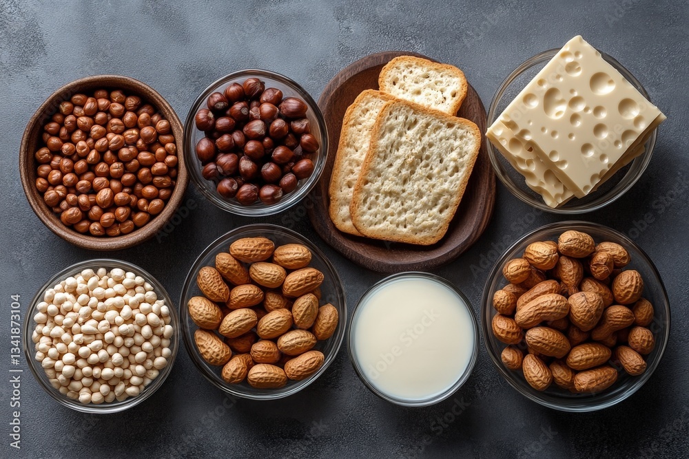 Visual Representation of Common Allergens Including Nuts, Dairy, and Gluten in Various Bowls on a Neutral Surface Visual Representation of Common Allergens Including Nuts, Dairy, and Gluten in Various Bowls on a Neutral Surface