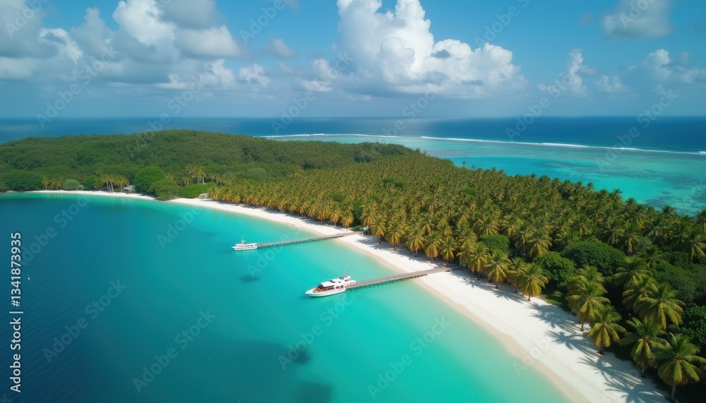 Aerial view of tropical beach with palm forest and blue ocean Aerial view of tropical beach with palm forest and blue ocean