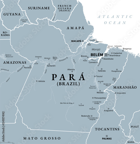 Para, a state in Brazil, gray political map, with capital Belem. Traversed by Amazon River, bordering Guyana, Suriname, and the states of Amapa, Maranhao, Tocantins, Mato Grosso, Amazonas and Roraima.