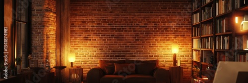 Cozy Living Room with Exposed Brick Wall and Bookshelves at Night