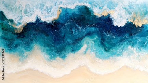 Abstract Ocean Wave Painting Blue Turquoise White Gold