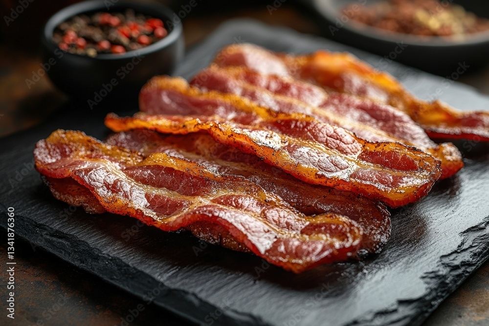 Obraz premium Crispy Bacon Strips Cooked to Perfection Topped With Herbs and Spices Ready for Serving on a Rustic Wooden Table