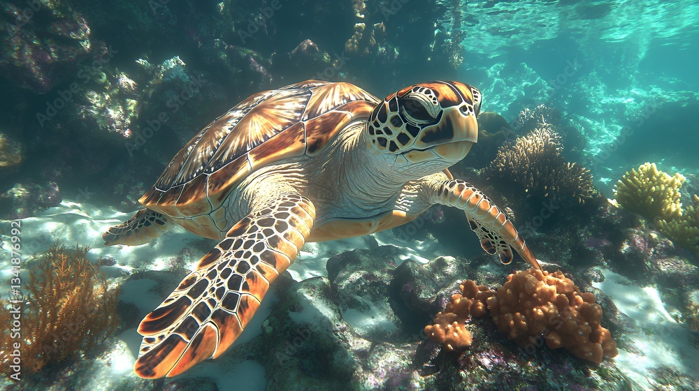 Obraz premium Exploring Underwater Life with a Majestic Sea Turtle in Coral Reef