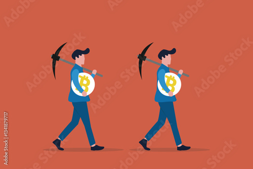 male investor digging Bitcoin. concept of Bitcoin mining and blockchain technology, Process by which new Bitcoins are created in the system, New financial innovation