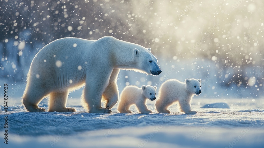 Fototapeta premium Polar Bear Family: A Mother's Love Guiding Her Cubs Through a Snowy Landscape
