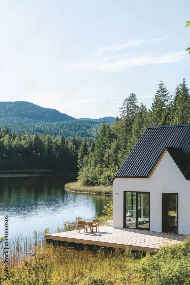 Fototapeta premium Modern lakeside cabin nestled in serene mountains with clear water reflecting the sky at sunrise, offering a perfect getaway and peaceful retreat