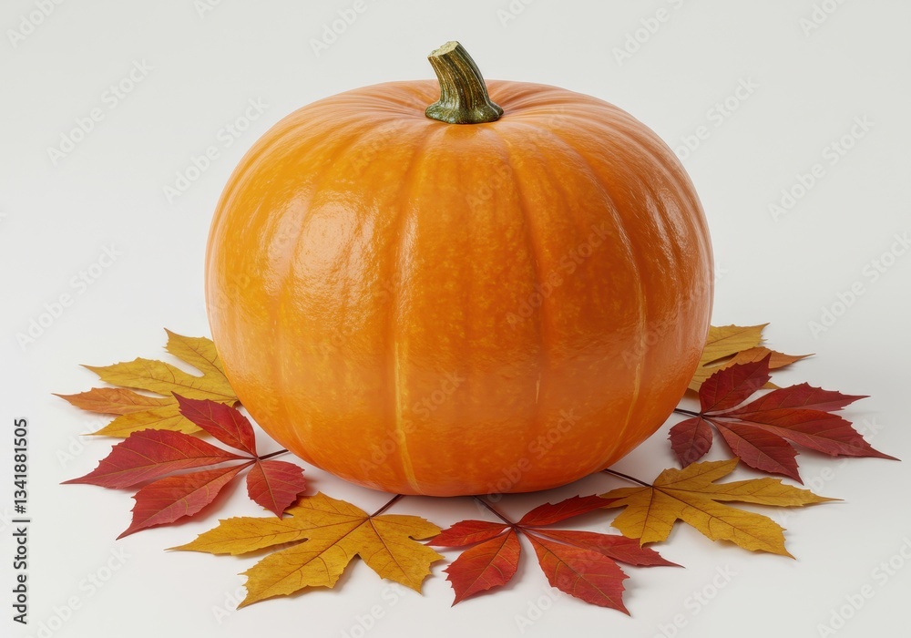 Bright orange pumpkin surrounded by vibrant autumn leaves isolated on white background Bright orange pumpkin surrounded by vibrant autumn leaves isolated on white background