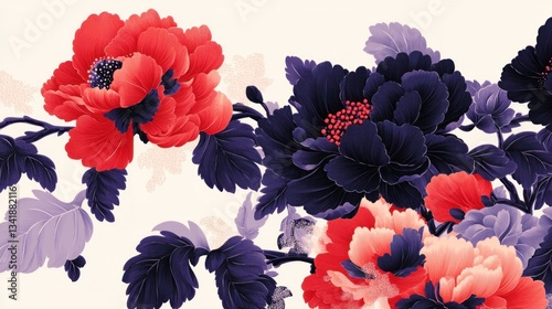 Delicate floral design featuring vibrant peonies in shades of red, dark purple, and light purple.  Intricate details on the petals and leaves, creating a rich and elegant floral pattern
