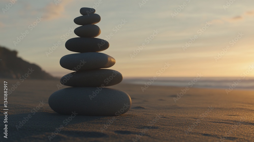 Zen stones stacked on beach at sunset for a relaxing spa or wellness theme Zen stones stacked on beach at sunset for a relaxing spa or wellness theme