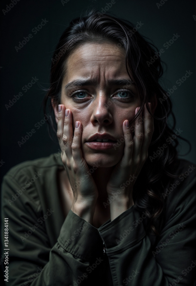 Depressive woman holds her face with both hands against dark studio background. Her eyes are wide, and her expression is tense. Mental Health Awareness Month. Emotional exhaustion, anxiety, despair. Depressive woman holds her face with both hands against dark studio background. Her eyes are wide, and her expression is tense. Mental Health Awareness Month. Emotional exhaustion, anxiety, despair.