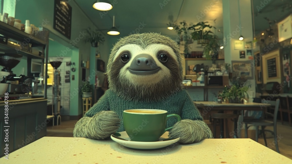 Fototapeta premium Smiling Sloth Enjoying Coffee in a Green Mug at a Cafe