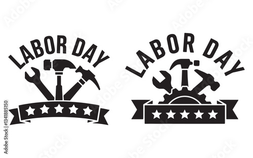 Labor Day Symbols with Tools, Gear, and Stars EmblemWeb